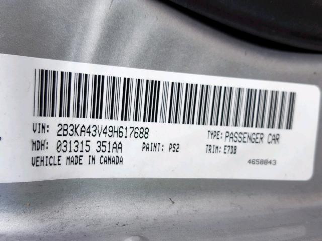 2B3KA43V49H617688 - 2009 DODGE CHARGER SILVER photo 10