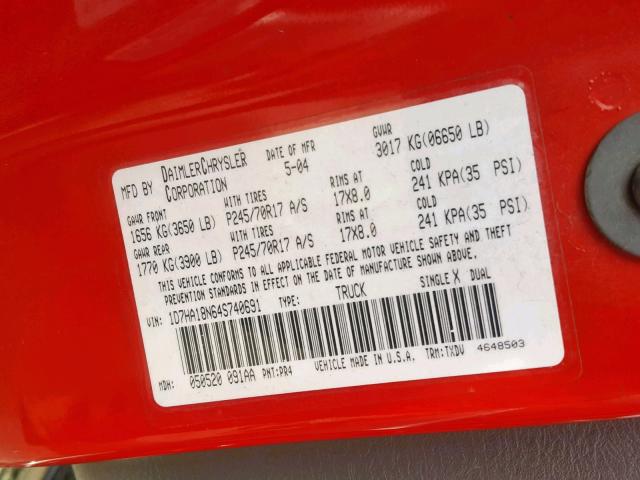 1D7HA18N64S740691 - 2004 DODGE RAM 1500 S RED photo 10