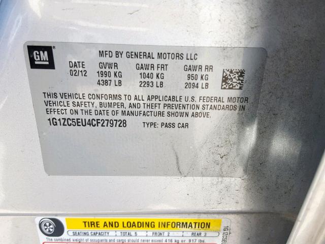 1G1ZC5EU4CF279728 - 2012 CHEVROLET MALIBU 1LT 银色 照片 10