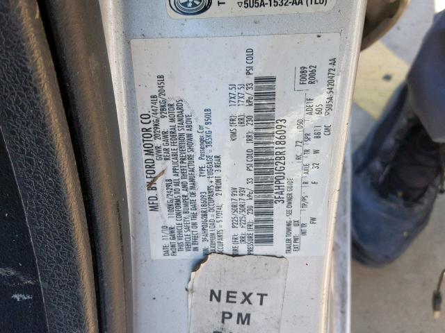 3FAHP0JG2BR186093 - 2011 FORD FUSION SEL SILVER photo 10