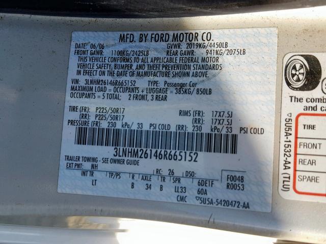 3LNHM26146R665152 - 2006 LINCOLN ZEPHYR GRAY photo 10