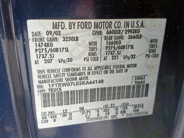 1FTRW07L03KA64148 - 2003 FORD F150 SUPER BLUE photo 10