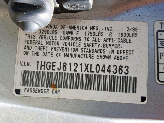 1HGEJ6121XL044363 - 1999 HONDA CIVIC DX SILVER photo 10