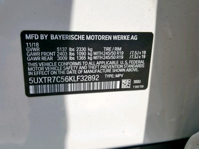 5UXTR7C56KLF32892 - 2019 BMW X3 SDRIVE3 WHITE photo 10