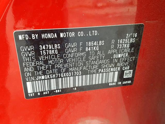 JHMGK5H71GX031703 - 2016 HONDA FIT EX RED photo 10