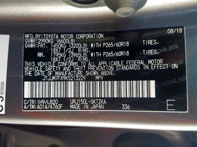 JTJJM7FX9K5213229 - 2019 LEXUS GX 460 PRE GRAY photo 10