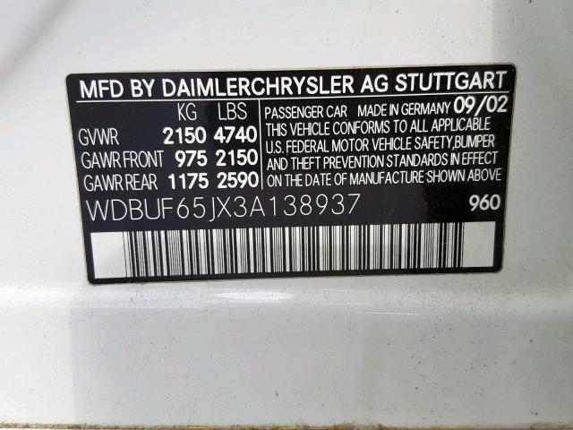 WDBUF65JX3A138937 - 2003 MERCEDES-BENZ E 320 WHITE photo 10