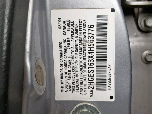 2HGES163X4H563776 - 2004 HONDA CIVIC DX V GRAY photo 10