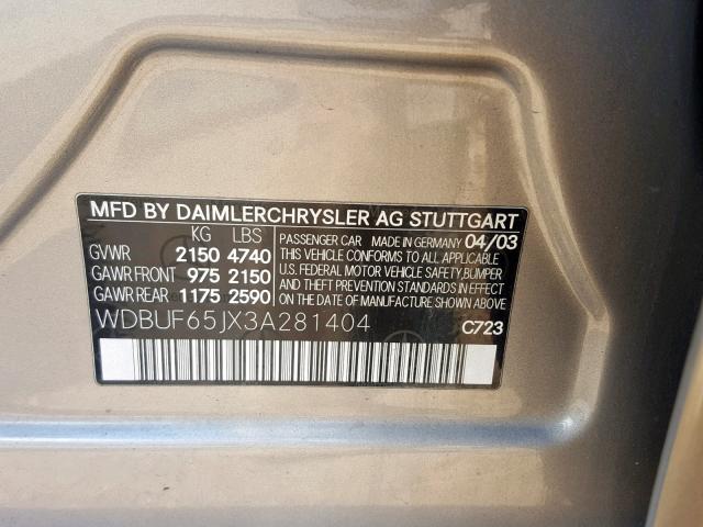 WDBUF65JX3A281404 - 2003 MERCEDES-BENZ E 320 GRAY photo 10