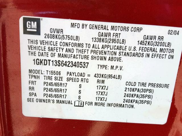 1GKDT13S642340537 - 2004 GMC ENVOY RED photo 10