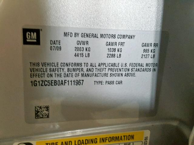 1G1ZC5EB0AF111967 - 2010 CHEVROLET MALIBU 1LT SILVER photo 10