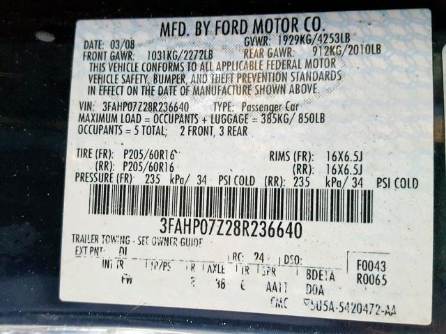 3FAHP07Z28R236640 - 2008 FORD FUSION SE BLUE photo 10