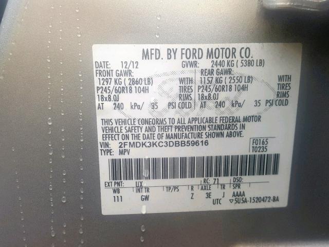 2FMDK3KC3DBB59616 - 2013 FORD EDGE LIMIT SILVER photo 10