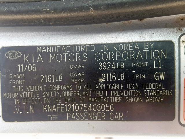 KNAFE121075403056 - 2007 KIA SPECTRA EX BLUE photo 10