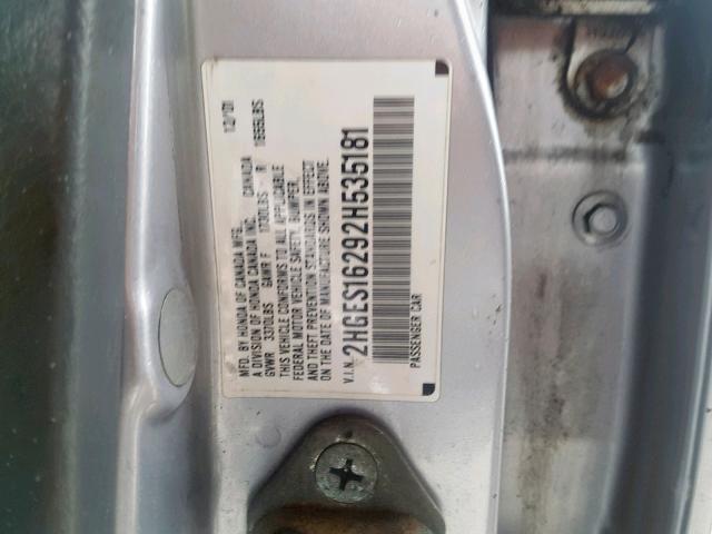 2HGES16292H535181 - 2002 HONDA CIVIC DX GRAY photo 10