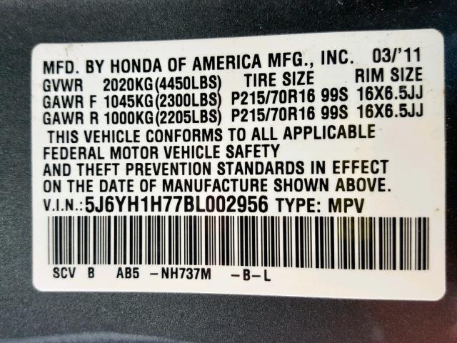 5J6YH1H77BL002956 - 2011 HONDA ELEMENT EX GRAY photo 10