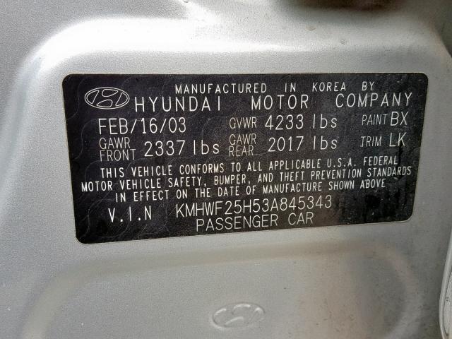 KMHWF25H53A845343 - 2003 HYUNDAI SONATA GL SILVER photo 10