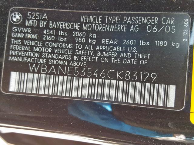 WBANE53546CK83129 - 2006 BMW 525 I BLACK photo 10