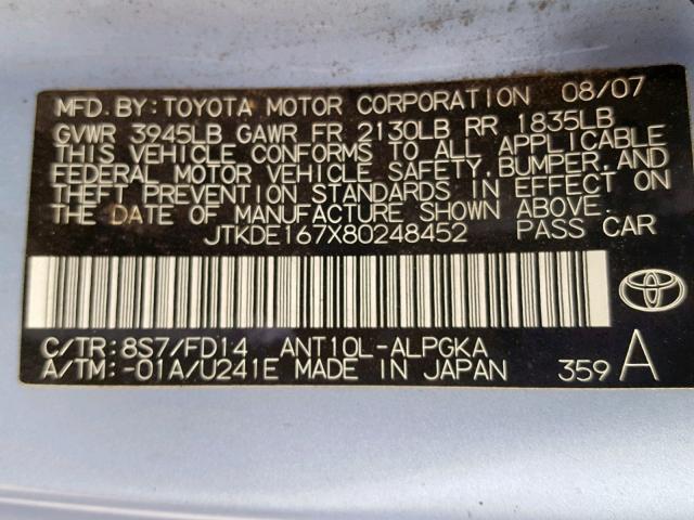 JTKDE167X80248452 - 2008 TOYOTA SCION TC BLUE photo 10