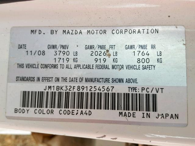 JM1BK32F891254567 - 2009 MAZDA 3 I WHITE photo 10