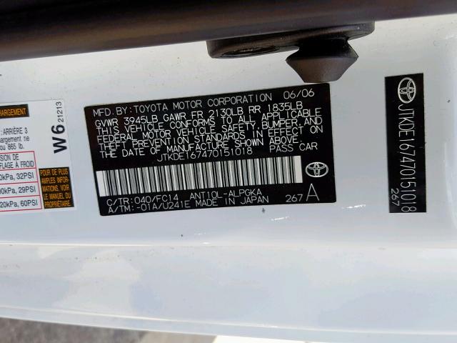 JTKDE167470151018 - 2007 TOYOTA SCION TC WHITE photo 10