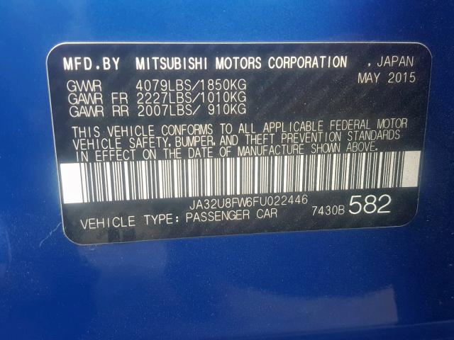 JA32U8FW6FU022446 - 2015 MITSUBISHI LANCER GT BLUE photo 10