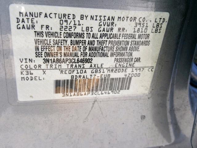 3N1AB6AP3CL646902 - 2012 NISSAN SENTRA 2.0 GRAY photo 10