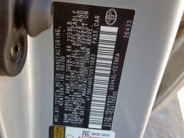 4T1BK46K67U011683 - 2007 TOYOTA CAMRY NEW SILVER photo 10