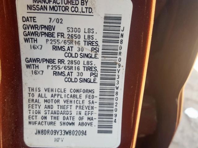JN8DR09Y33W802094 - 2003 NISSAN PATHFINDER LE  ფოტო 10