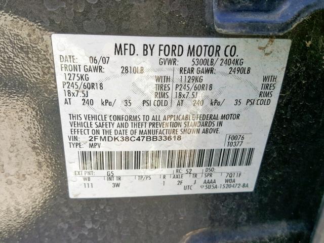 2FMDK38C47BB33618 - 2007 FORD EDGE SEL GRAY photo 10