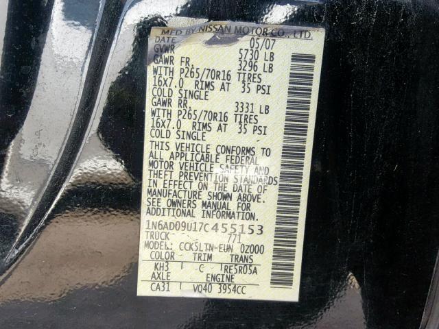 1N6AD09U17C455153 - 2007 NISSAN FRONTIER C BLACK photo 10