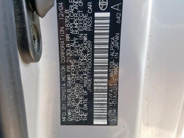 JTKDE177X50033289 - 2005 TOYOTA SCION TC SILVER photo 10