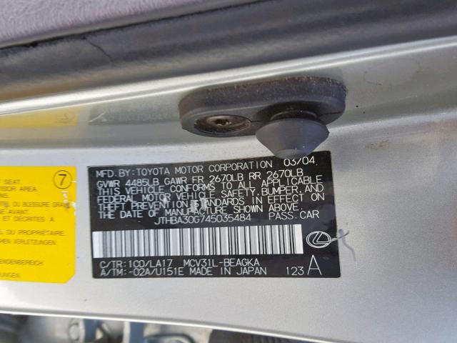 JTHBA30G745035484 - 2004 LEXUS ES 330 SILVER photo 10