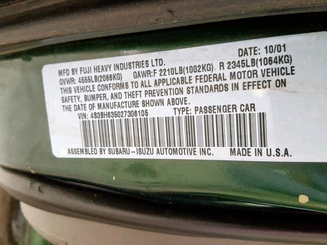 4S3BH635027306105 - 2002 SUBARU LEGACY L GREEN photo 10