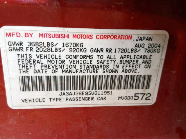 JA3AJ26E95U011951 - 2005 MITSUBISHI LANCER ES BURGUNDY photo 10