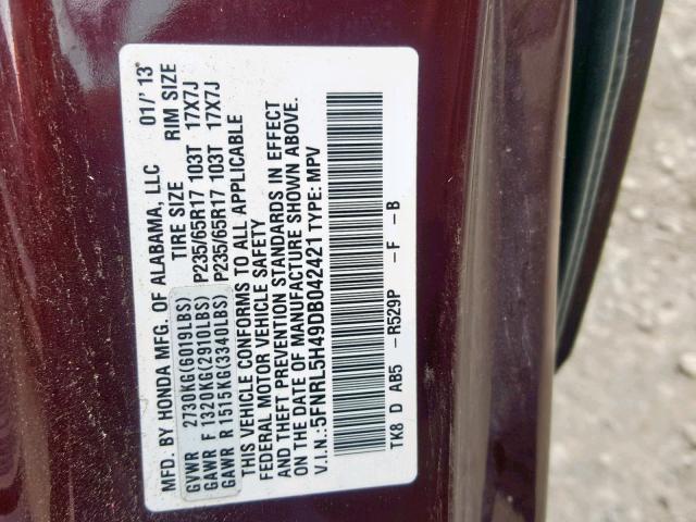 5FNRL5H49DB042421 - 2013 HONDA ODYSSEY EX  photo 10