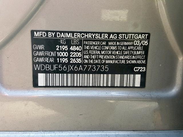 WDBUF56JX6A773735 - 2006 MERCEDES-BENZ E 350 GRAY photo 10