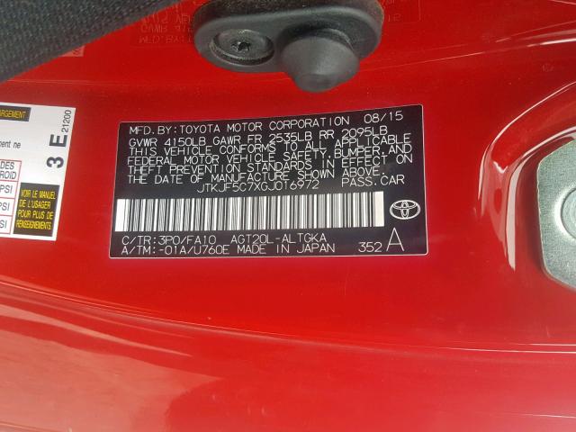 JTKJF5C7XGJ016972 - 2016 TOYOTA SCION TC 红色 照片 10