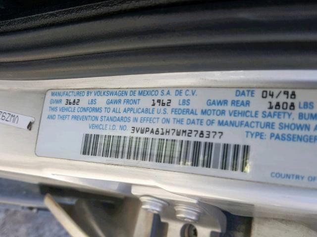 3VWPA81H7WM278377 - 1998 VOLKSWAGEN JETTA WOLF SILVER photo 10