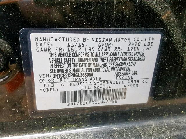 3N1CE2CP0GL368956 - 2016 NISSAN VERSA NOTE BLACK photo 10