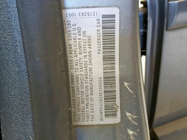 WVWPD63B24E296604 - 2004 VOLKSWAGEN PASSAT GLS GRAY photo 10