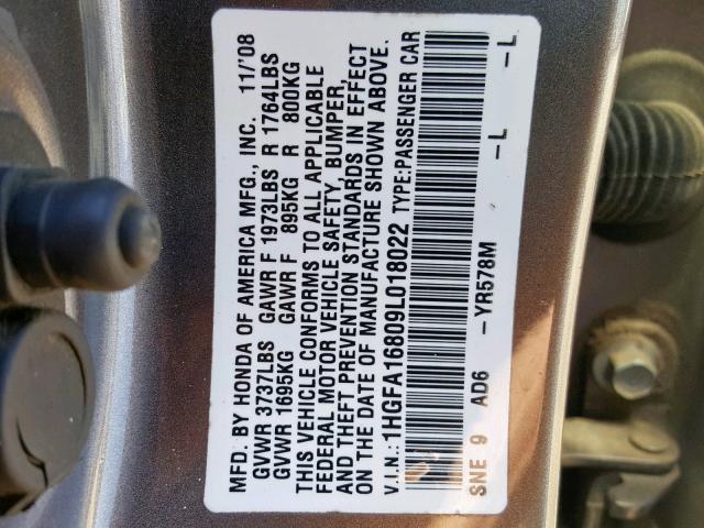 1HGFA16809L018022 - 2009 HONDA CIVIC EX GRAY photo 10