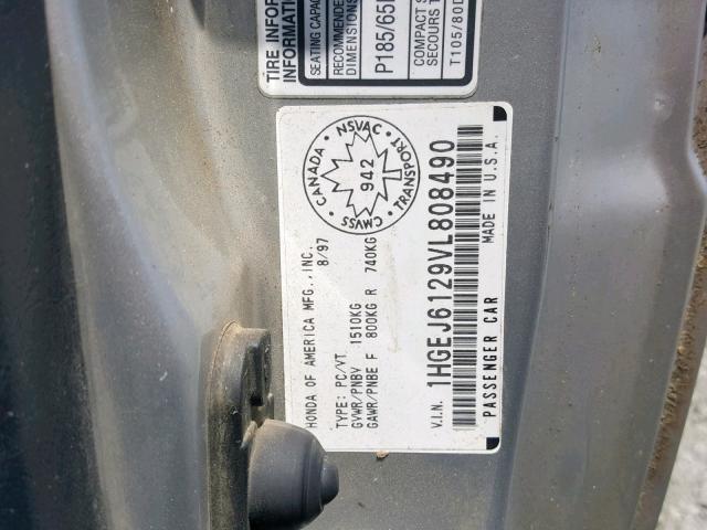 1HGEJ6129VL808490 - 1997 HONDA CIVIC DX SILVER photo 10