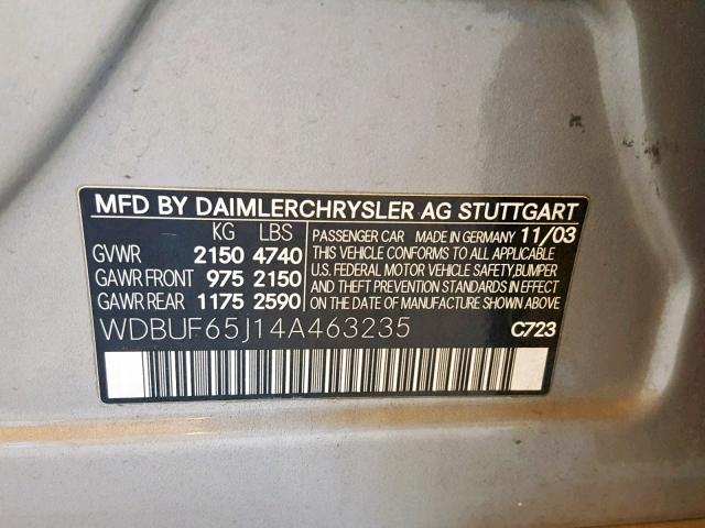 WDBUF65J14A463235 - 2004 MERCEDES-BENZ E 320 GRAY photo 10