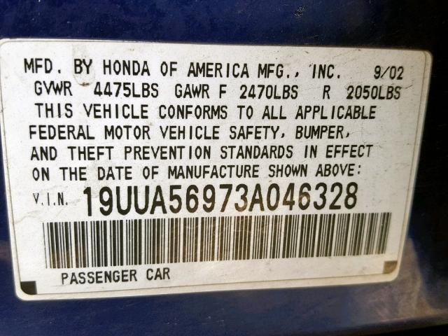 19UUA56973A046328 - 2003 ACURA 3.2TL TYPE BLUE photo 10