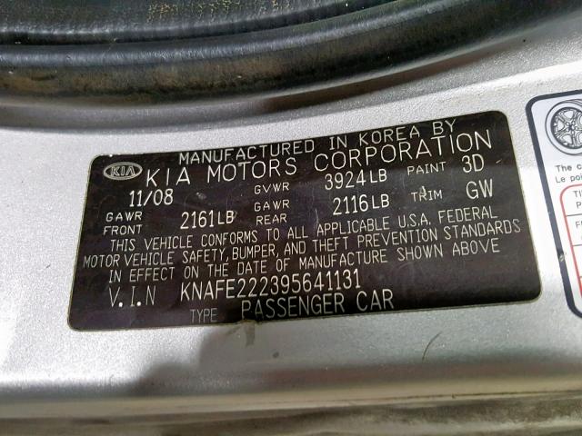 KNAFE222395641131 - 2009 KIA SPECTRA EX SILVER photo 10