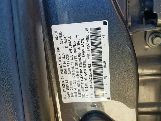 19UUA66226A044385 - 2006 ACURA 3.2TL GRAY photo 10