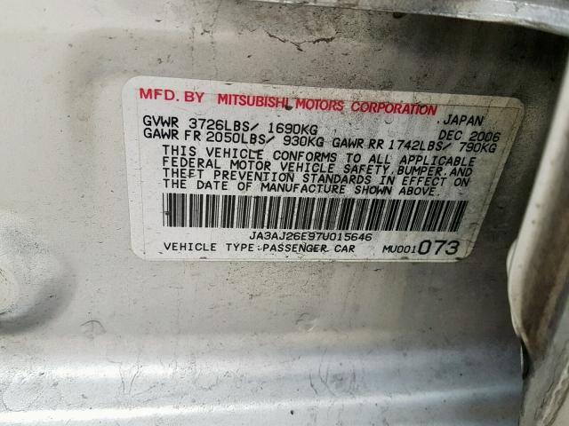 JA3AJ26E97U015646 - 2007 MITSUBISHI LANCER ES SILVER photo 10