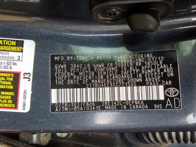 2T1BU4EEXCC771505 - 2012 TOYOTA COROLLA BASE  photo 10