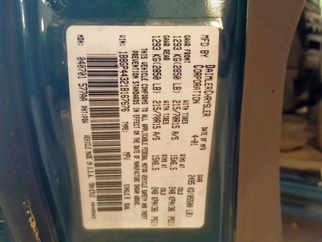 1B8GP44321B167676 - 2001 DODGE GRAND CARA GREEN photo 10